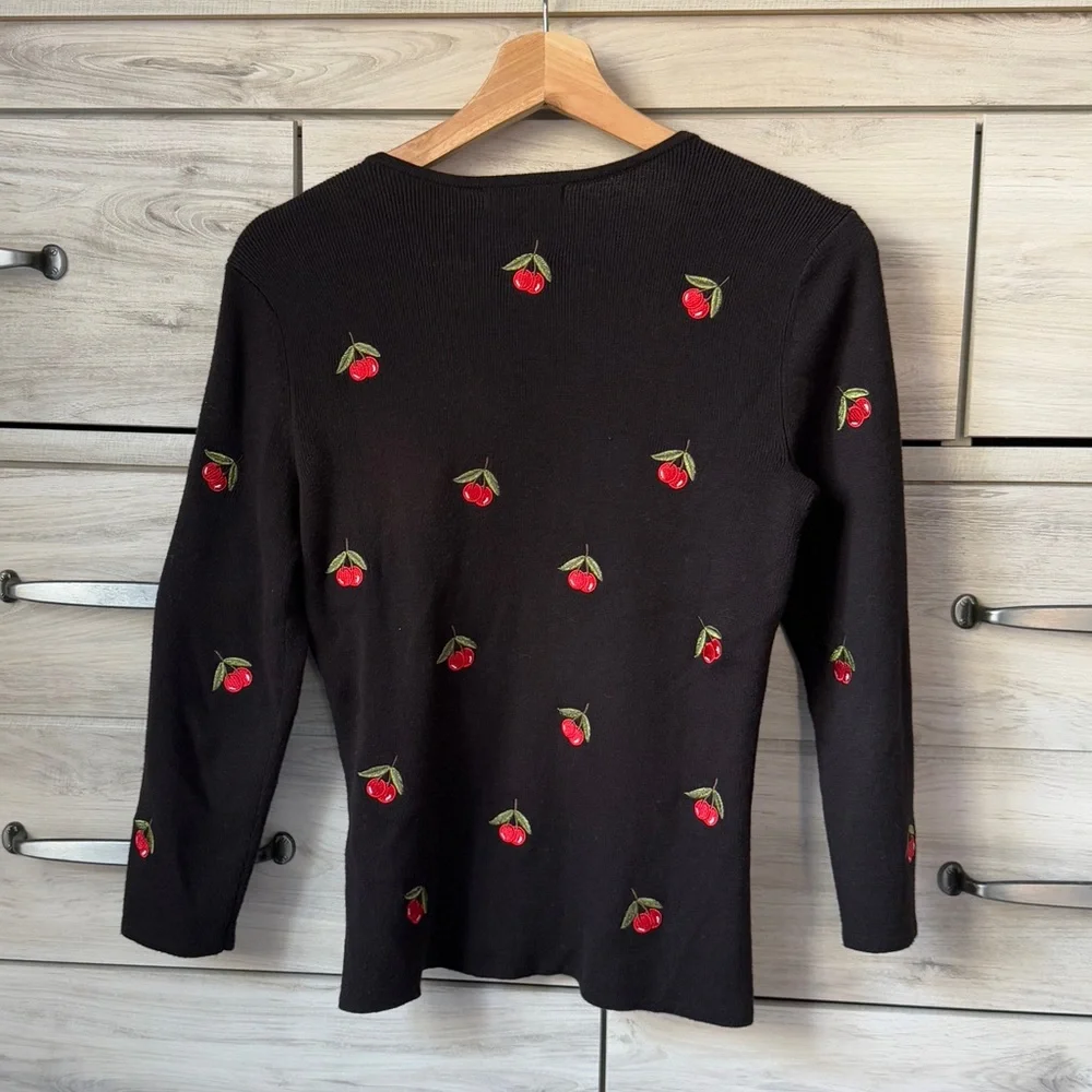 Black long sleeve Y2K vibes top with red cherries and a tie front detail size S